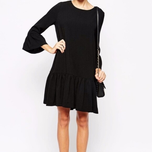 Ganni Black Peplum Ruffle Bell Sleeve Mini Dress Party Cocktail - Picture 1 of 14